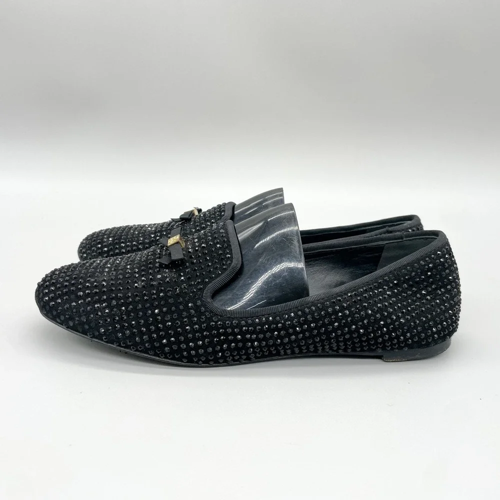 Tory Burch Womens 7M Chandra Black Crystal Suede Smoking Loafer Flat Preppy Glam